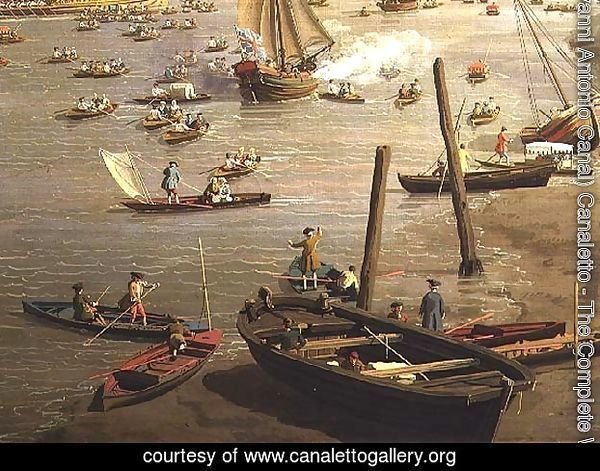 The River Thames with St. Paul's Cathedral on Lord Mayor's Day, detail of boats by the shore, c.1747-48