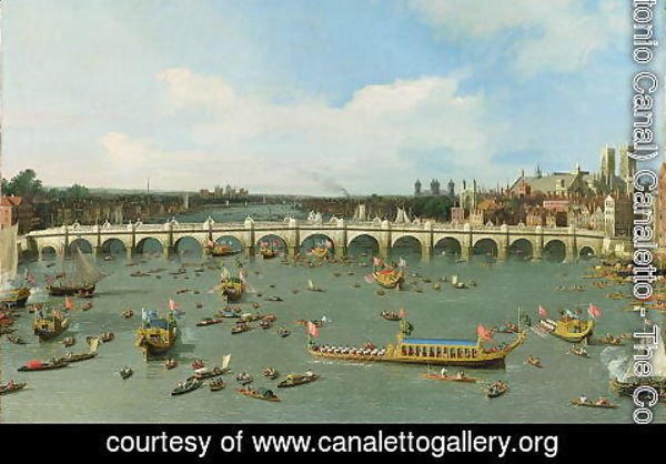 (Giovanni Antonio Canal) Canaletto - Westminster Bridge, London, With the Lord Mayor's Procession on the Thames (detail)
