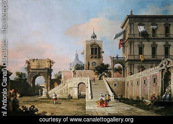 Capriccio of twin flights of steps leading to a palazzo, c.1750