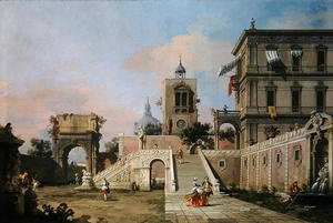 (Giovanni Antonio Canal) Canaletto - Capriccio of twin flights of steps leading to a palazzo, c.1750