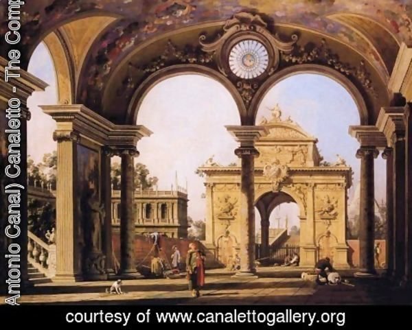 (Giovanni Antonio Canal) Canaletto - Capriccio of a triumphal arch seen through an ornate archway, c.1750