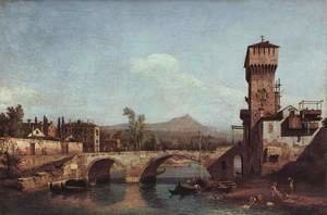(Giovanni Antonio Canal) Canaletto - Capriccio Veneto, river, bridge and medieval town gate
