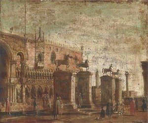 (Giovanni Antonio Canal) Canaletto - A capriccio of the Horses of San Marco set on pillars in the Piazzetta