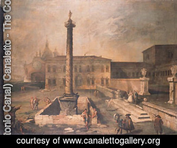 (Giovanni Antonio Canal) Canaletto - A capriccio of a piazza in front of a palace with the Column of Marcus Aurelius, pilgrims and townsfolk, a domed church beyond