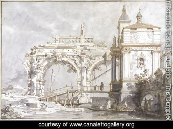 An Architectural Capriccio With A Pavilion And A Ruined Arcade On The Water's Edge