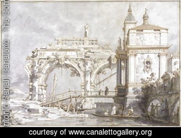 (Giovanni Antonio Canal) Canaletto - An Architectural Capriccio With A Pavilion And A Ruined Arcade On The Water's Edge