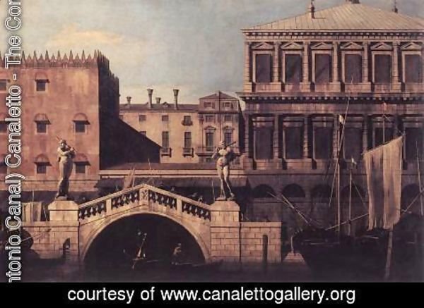 (Giovanni Antonio Canal) Canaletto - Capriccio   The Ponte della Pescaria and Buildings on the Quay 1742-44