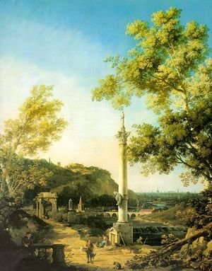 (Giovanni Antonio Canal) Canaletto - Capriccio- River Landscape with a Column, a Ruined Roman Arch and Reminiscences of England 1754