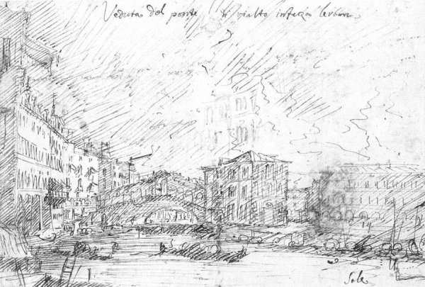 The Grand Canal Near The Ponte Del Rialto by (Giovanni Antonio Canal) Canaletto