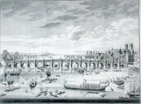 The South East Prospect of Westminster Bridge - Boats arriving at Parliament for the Swearing in of Sir John Barnard as Lord Mayor of the City of London, 1747 by (Giovanni Antonio Canal) Canaletto