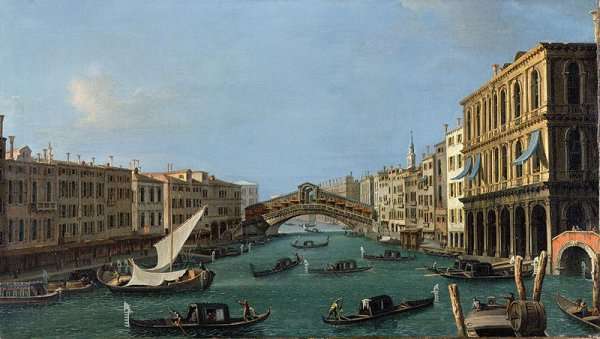 View of the Grand Canal from the South, the Palazzo Foscari to the right and the Rialto Bridge beyond by (Giovanni Antonio Canal) Canaletto