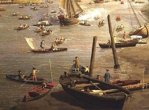 The River Thames with St. Paul's Cathedral on Lord Mayor's Day, detail of boats by the shore, c.1747-48
