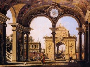 (Giovanni Antonio Canal) Canaletto - Capriccio of a triumphal arch seen through an ornate archway, c.1750