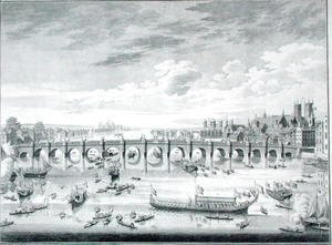 The South East Prospect of Westminster Bridge - Boats arriving at Parliament for the Swearing in of Sir John Barnard as Lord Mayor of the City of London, 1747