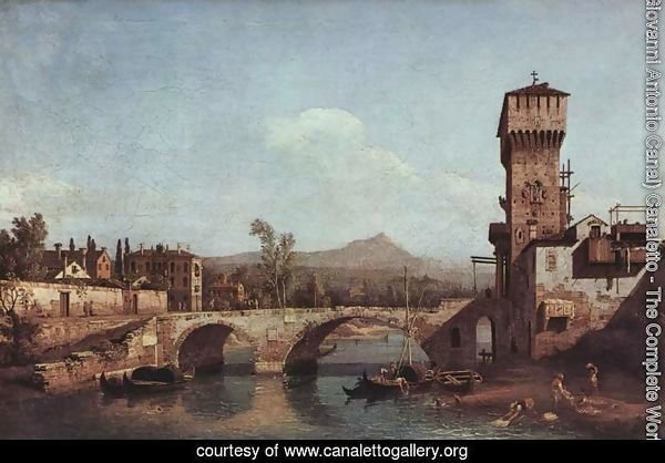 Capriccio Veneto, river, bridge and medieval town gate