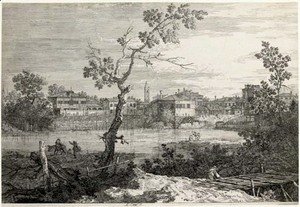 (Giovanni Antonio Canal) Canaletto - View of a Town on a River Bank