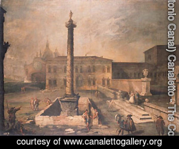 A capriccio of a piazza in front of a palace with the Column of Marcus Aurelius, pilgrims and townsfolk, a domed church beyond