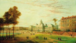View of Horse Guards Parade with figures in the foreground and a procession beyond