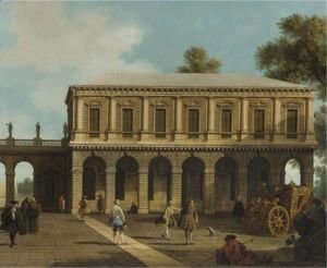 (Giovanni Antonio Canal) Canaletto - A Capriccio Of The Prisons Of San Marco Set In A Piazza With A Coach And Townsfolk