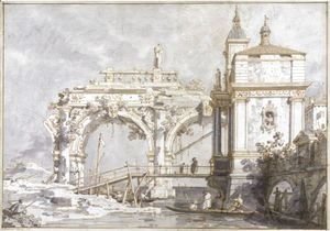 (Giovanni Antonio Canal) Canaletto - An Architectural Capriccio With A Pavilion And A Ruined Arcade On The Water's Edge