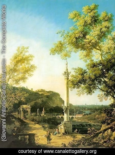 (Giovanni Antonio Canal) Canaletto - Capriccio- River Landscape with a Column, a Ruined Roman Arch and Reminiscences of England 1754